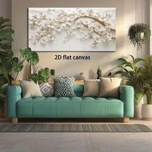 2D Flat, Abstract White & Golden Floral Wood-Framed Canvas Wall Art - Modern Minimalist Beige & Golden Large Horizontal Painting For Living Room, Bedroom, Office, Kitchen, Bathroom - Wood-Stretched Framed Wrapped Canvas, Neutral Home Decor, Housewarmin - 彩色 - 查看 2