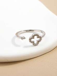 1pc Fashionable Hollow Rhinestone Clover Adjustable Ring For Women - Silver - View 3