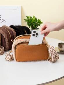 女士毛绒斜挎包，波西米亚风撞色胸包，配肩带，新款秋冬麂皮绒面料时尚大容量手提包/手拿包，多口袋设计，适合日常出行、购物、旅行，可装手机、零钱、化妆品等。