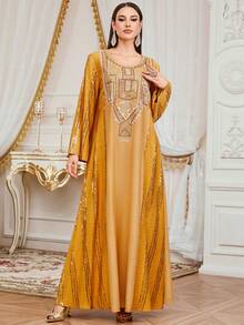 Vestido largo de bata de tela tejida para mujer, cuello redondo largo con lentejuelas brillantes y decoración de bordado, amarillo primavera - Amarillo - Ver 3