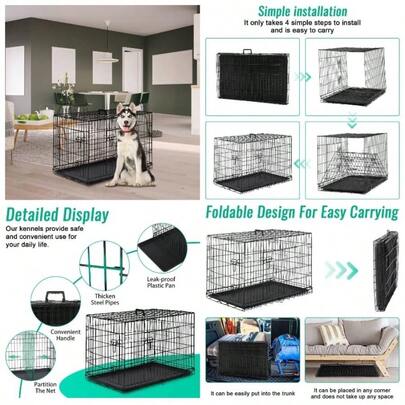 Dog Crate, Large Dog Crate 2 Doors 42 Inch Dog Cage XL Dog Crates With Removable Tray Folding Metal Training Cage Animal XL - 42inch