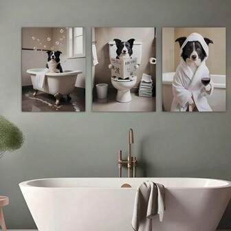 3pcs Border Collie Bathroom Canvas Art Set, 3 PiecesDecorative Dog Theme Wall Prints, Bathroom Humor Artwork, Home Decor For Living Room, Dining Room, Bedroom Unframed, Easy To Install, Durable Canvas Material, Ideal Gift For Pet Lovers - 14+ Age Group, Featherless, No Electricity Needed 50x70cm/19.68x27.55inch