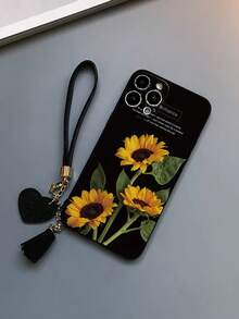 1 Stück perforierte gerade Kante Leopard Sonnenblume bemalte dicke stoßfeste Handyhülle mit dekorativen Accessoires: Neuer Leder-Herzarmband-Riemen, DIY Handyhülle-Anhänger, kurzer Armband-Riemen, Quaste-Anhänger, kompatibel mit iPhone 17pro/17Air /17/17promax16/11, Galaxy S25/S25PLUS/S25 Ultra/A16/A36/A26/A56/A50, 11/12Pro/12 - Verschiedenfarbig - Übersicht 3