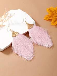 1 Pair Bohemian Style Fluorescent Red, Navy Blue, Gray, Rose Red, Faux Pearl Pink Long Tassel Triangle Minimalist Fashion Alloy Earrings For Women, Suitable For Daily Wear - Pink - View 3