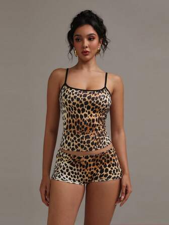 XLLAIS Women's Sexy Leopard Print Fitted Camisole And Shorts Set, 2025 Y2K Fashion Resort Wear