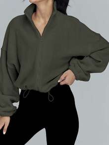 Women's Autumn/Winter Fleece Collar Short Jacket With Zipper And Drawstring - Olive Green - View 2