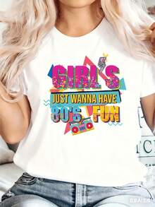 Women's Retro 80s Graphic T-Shirt - S Just Wanna Have Fun Party Top - Black Background With Neon Accents - Lightweight Y Blouse For Women - Machine Washable Casual Summer Outfits, Ladies T T-Shirts, Nostalgic Clothing, Offshoulder Design, Able Fit - trắng - Xem 1