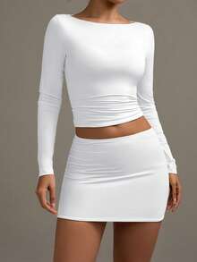 XLLAIS 女士Y2K性感宝贝基础款白色露脐上衣，休闲高弹双层船领长袖修身T恤，秋冬新年春季款 - 白色 - 查看 2