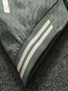 Men Long Sleeve Striped Trim Colorblock Baseball Jacket, Fall - Green - View 5