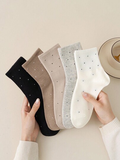 5 pares de calcetines de media caña con lunares de color merlot, calcetines de mujer de moda casual y versátiles con lunares sencillos, cómodos y suaves, adecuados para uso diario casual, ir al trabajo, en casa, fiestas, deportes, regalos, Ramadán, todas las ocasiones y estaciones, primavera/verano/otoño/invierno