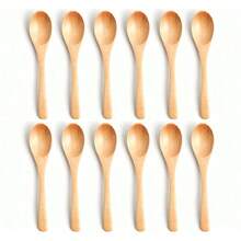 FFXK 12Pcs Wood Soup Spoons Long Handle Coffee Milk Teaspoon Sugar Spice Condiment Scoops Kitchen Tableware Tools Wooden Spoon