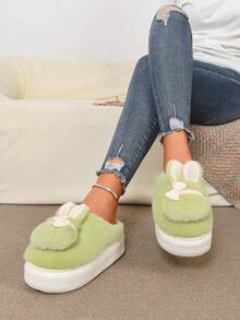 Comfortable Thermal Slippers With Soft Faux Fur, Bow Decor, Thick Sole, Non-Slip, Warm For Home Use In Autumn/Winter