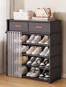 1pc Household Multi-Layer Shoe Rack With Curtains, Shoe Cabinet, Storage, Display Rack, With Drawers, With Curtains Shoes Storage Cabinet, Large Capacity Shoe Cabinet For Indoor And Outdoor Use, Suitable For Doorways, Household, Indoor, Festival Gifts, Valentine's Day Gifts, Children's Gifts