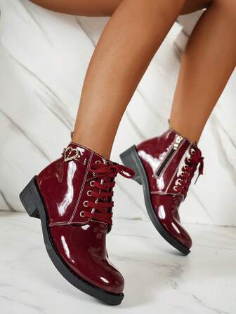 Women's Autumn/Winter New Glossy Lace-Up Side Zipper Heart Decor Luxurious Fashion Versatile Runway Party Biker Ankle Boots, Casual Outdoor European & American Retro Style Short Boots, Recommended By Influencers Chic French Simple Design Resort Chunky Heel Ankle Boots