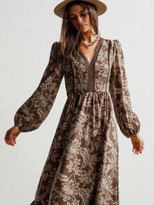 Rusttydustty 波西米亚风镂空蕾丝V领休闲长袖经典棕色连衣裙，适合海滩装扮、音乐节、热带度假、新年、情人节等场合。