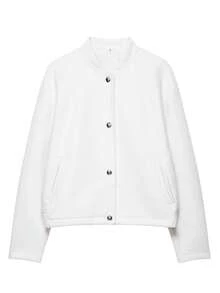 女士夹克秋装上衣冬季外套女长袖上衣秋冬纽扣夹克街头服饰白色外套女士校队夹克 - 白色 - 查看 1