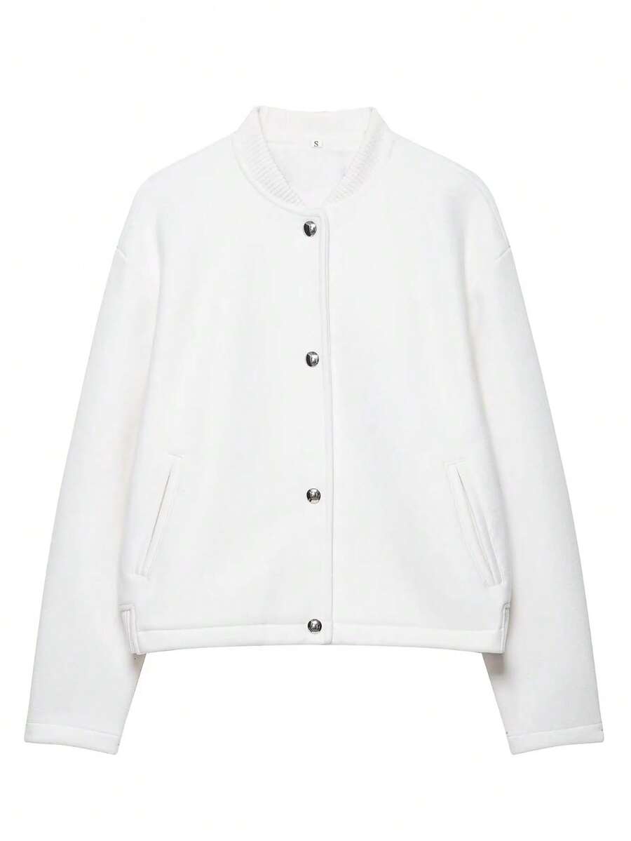 女士夹克秋装上衣冬季外套女长袖上衣秋冬纽扣夹克街头服饰白色外套女士校队夹克 - 白色 - 查看 1