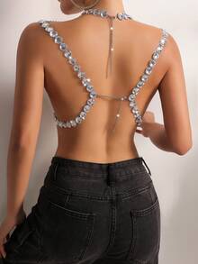 Sexy Rhinestone & Gemstone Patchwork Crop Top, Versatile For Nightclub, Street Style, All Seasons - Silver - View 5