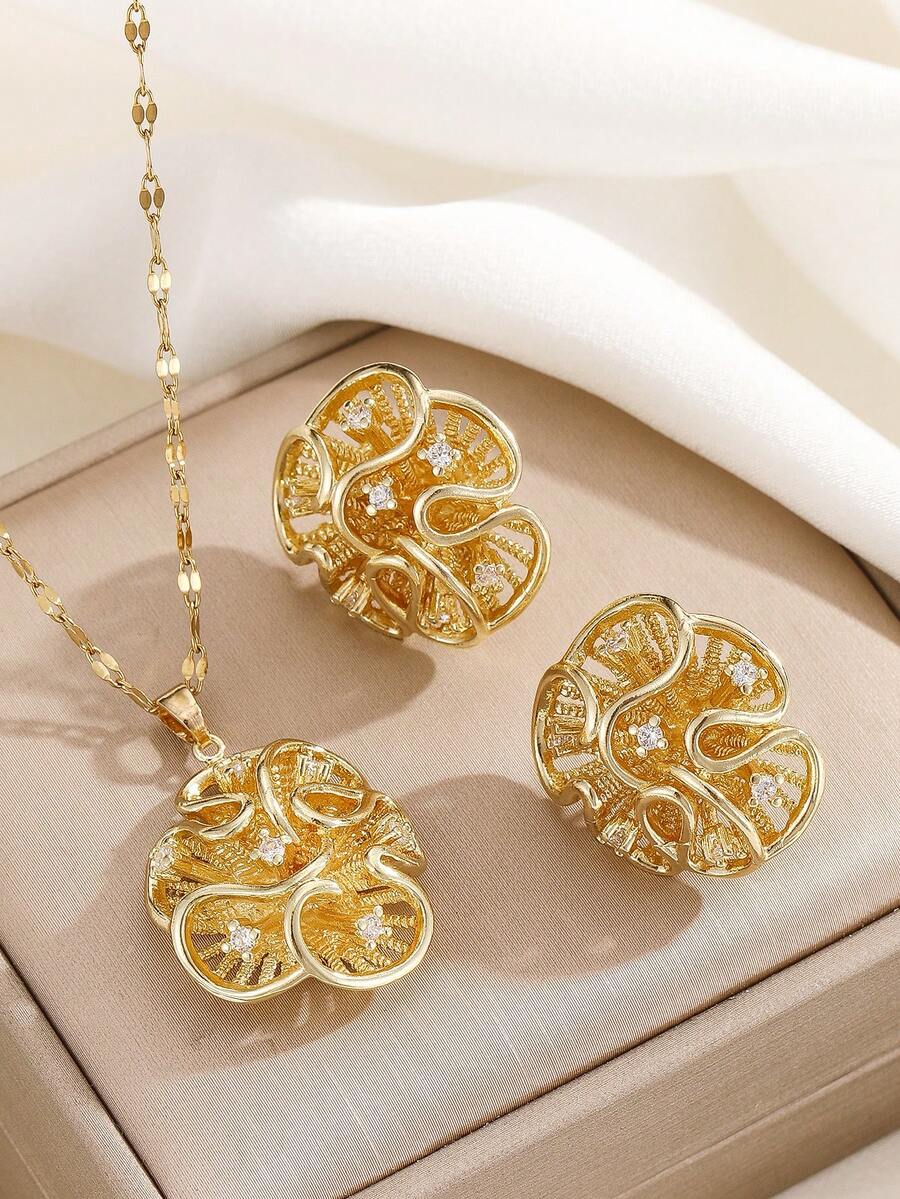 1 套女士不锈钢波浪吊坠项链和耳环，百搭奢华个性化珠宝套装，理想礼物，无礼盒 - 金色 - 查看 1