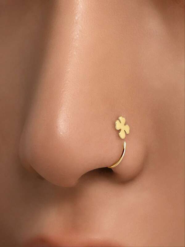 1 Sterling Silver Gold S925 Nose Ring/Nose Ornament/Gold Nose Ring/Silver Nose Ring/Nose Ring/Ear Helix/Tragus Ring/Cartilage Ring/Small Hoop Earrings - Polished Four-Leaf Clover Nose Ornament - Sterling Silver Jewelry - Simple And Exquisite Women's Jewelry - Suitable For Daily Wear