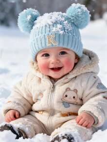 1PC Baby A-Z Letter Knitted Caps Kids 0-3Y Winter Warmth, Double-Layer Thickening Baby Wool Knitted Bonnet Newborn Baby Hat Double Pompom Cute Hat For Kids Boys Girls Children Beanie Cap