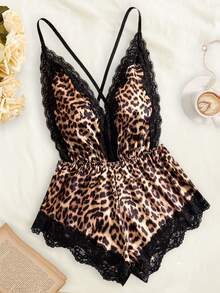 新款女士性感内衣，可调节交叉背带，深V领露背性感泰迪蕾丝缎面舒适家居服连体睡衣 - 豹紋 - 查看 12