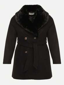 Elegant Double-Breasted Coat With Fur Collar And Belt - Black - View 6