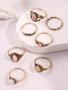 7pcs/Set Vintage Unique Luxurious Old Money Style Exquisite Bohemian Antique Gold Colored Gemstone Ring Set, For Women Daily Wear, Festivals & Parties