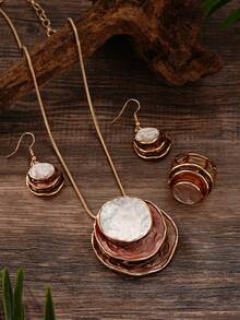 Cring Coco Bộ trang sức nhẫn, vòng cổ, khuyên tai bằng hợp kim kẽm cổ điển thanh lịch - Thiết kế nhiều lớp màu kaki ombre tối giản, đa năng cho các sự kiện trang trọng và trang phục hàng ngày, quà tặng tinh tế - kaki - Xem 9