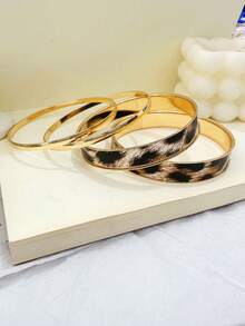 Bộ 4 vòng tay trơn họa tiết da báo cổ điển sang trọng, thích hợp cho phụ nữ đeo hàng ngày, làm quà tặng cho bạn bè - Vàng - Xem 3