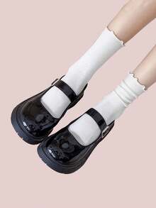 6 Pairs Women's Solid Color Casual Polyester Ruffle Trim Mid-Calf Socks, Suitable For All Seasons