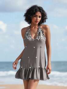 Halter Mini Dress For Women Shiny Bead Decor Ruffled Hem Backless Mesh Dress Glitter Short Sundress Clubwear - Grey - View 6
