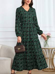 Spring Women's Floral Print Bohemian Style Long-Sleeved Maxi Dress. 2025 New Year Fashion Loose Autumn Black And Green Dress, Belled Summer Vacation Casual Dress, Elegant Party Beach Graduation Fashionable Evening Valentine's Day Dress.