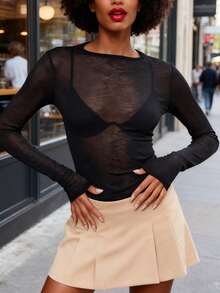 ChicMe Women See Through Mesh Long Sleeve Tee Slim Fit Round Neck Pullover Top Casual Sexy Club Streetwear Y2K - Black - View 5