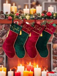 Personalized Christmas Large Capacity Gift Socks, Heat Transfer Printed Letter, Patchwork Dual-Color Name Tassel Socks, Velvet Letter Christmas Tree Hanging Decor, Home Decor, Christmas Stocking Ornament, Christmas Decoration Gift Socks - Multicolor - View 6