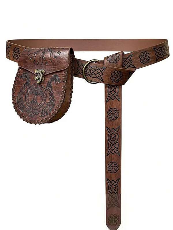 2pcs/Set Vintage Street Style Viking Belt Bag, Faux Leather Nordic Embossed Waist Pouch, Suitable For Men Party & Halloween Wear Old Money Vintage Autumn/Fall Urban Outfit Denim Classic Christmas Winter Fashion Daily Men Boyfriend Gift