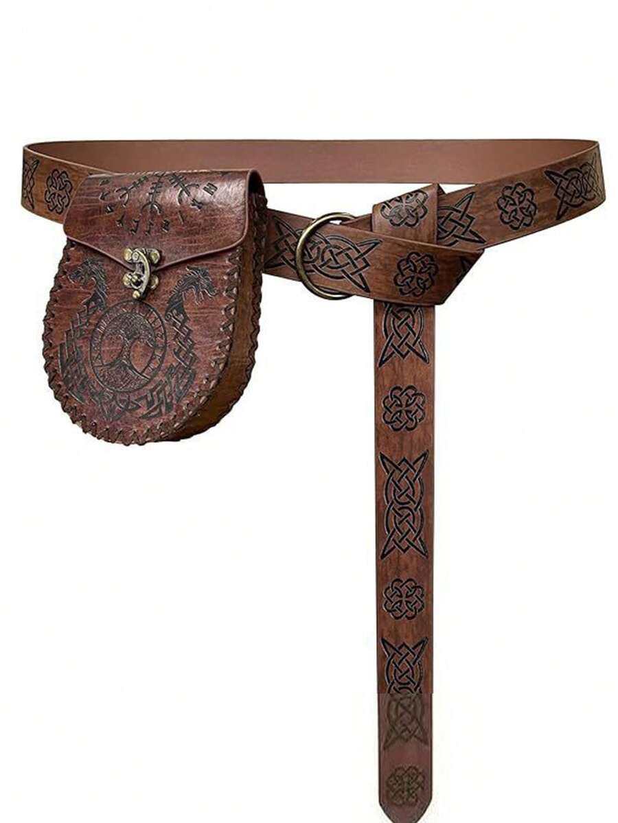 2pcs/Set Vintage Street Style Viking Belt Bag, Faux Leather Nordic Embossed Waist Pouch, Suitable For Men Party & Halloween Wear Old Money Vintage Autumn/Fall Urban Outfit Classic Christmas Winter Fashion Daily Men Boyfriend Gift