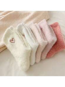 5 Pairs Heart Embroidered Socks - Soft & Fluffy Mid-Calf Socks, Great For Women In Autumn/Winter | Heart Embroidered Socks | Textured Short Socks