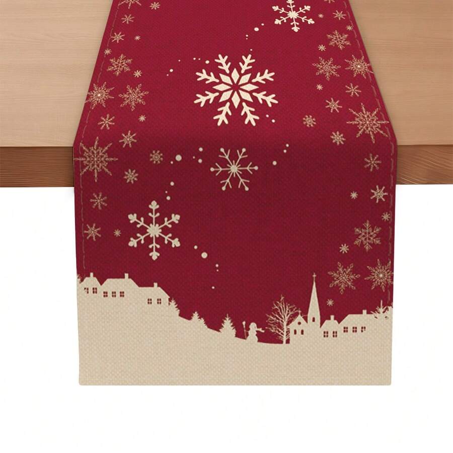 MEMNUN 1pc Merry Christmas Red Minimalist Town Snowflake Silhouette Print Table Runner, 100% Polyester Linen-Like Fabric, Christmas Decor, Table Decor, Home Decor, Kitchen Decor, Table Cloth Rectangle, Suitable For Kitchen, Dining Table, Home Party Decoration, Gift