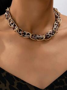 1pc Fashionable Personalized Metal Thick Chain Leopard Print Choker Necklace, Women Casual Accessory