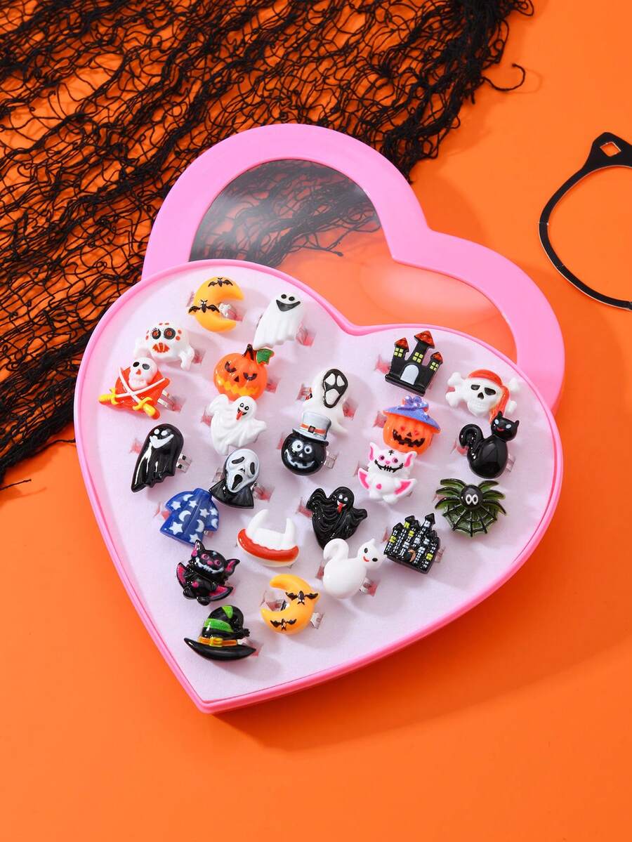 24 szt./pudełko, 24 szt. w kształcie serca, 24 szt. luzem, 12 szt. luzem zestaw pierścionków dekoracyjnych na Halloween, lampion z dyni, kapelusz czarownicy, duchy i inne dekoracje z żywicy, delikatna biżuteria na palec "cukierek albo psikus"