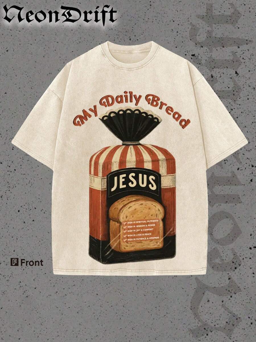 NeonDrift Halloween, Christmas, Thanksgiving Gifts-Jesus Is My Daily Bread T-Shirt – Vintage Inspired Religious Graphic Tee For Men, Faith-Based Statement Shirt With Retro Bakery Design, Perfect For Casual Wear And Spiritual Expression, Christian Apparel For Everyday Style - 杏色 - 查看 1