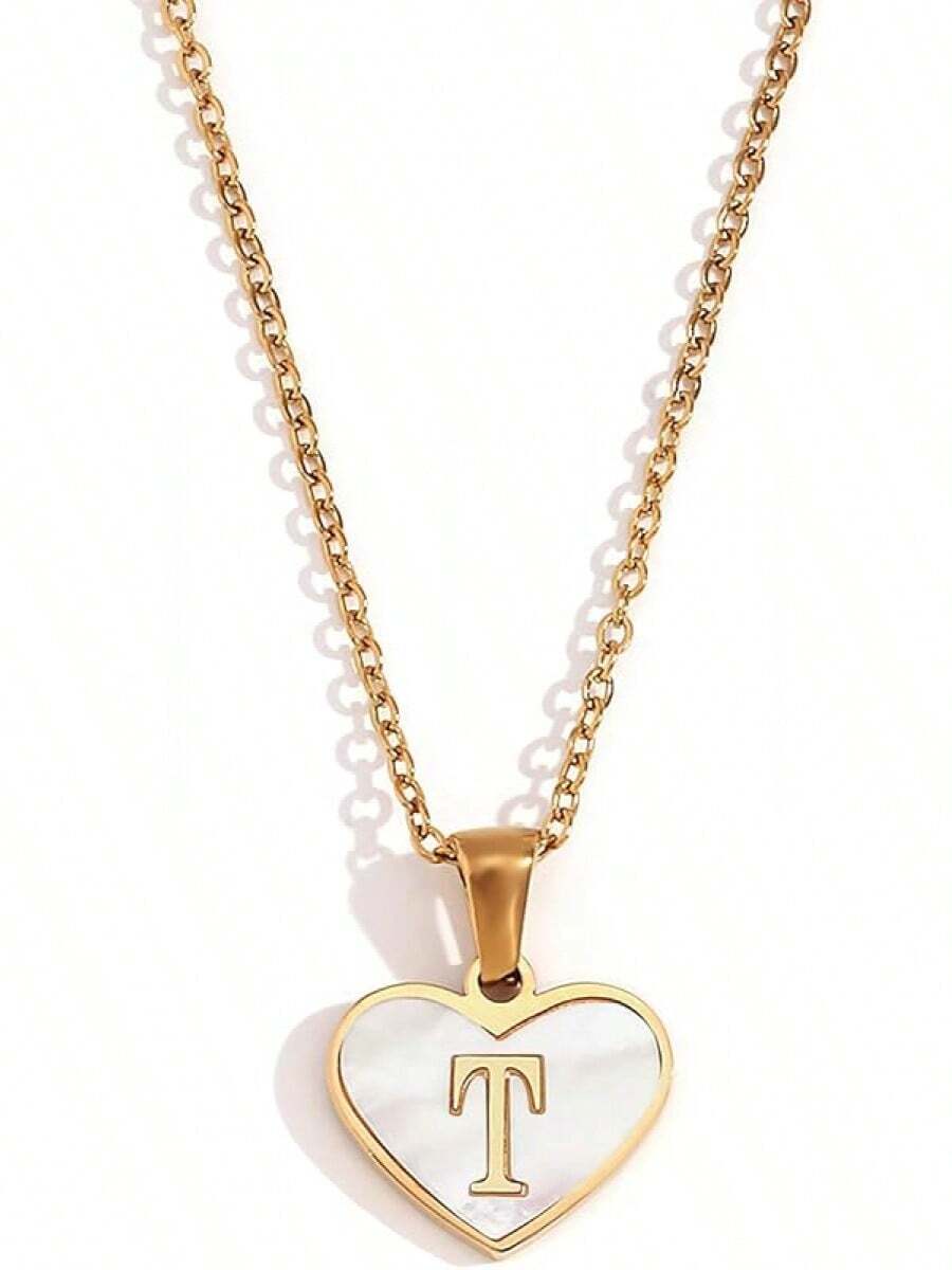 Collar de Mujer de Letra Inicial Collares para Mujer con Alfabeto A-Z, Collar con Inicial Diseño de Corazón de Acero Inoxidable Regalo para Mujeres - Letra T - Ver 1