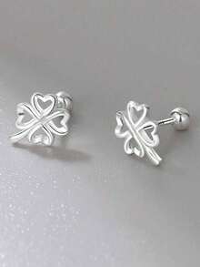 1 pieza Pendientes de botón de plata de ley 925, pendientes de botón de trébol de cuatro hojas calados, elegantes, de moda, de alta gama y de lujo ligero para mujeres, adecuados para reuniones, bodas o uso diario, como regalo