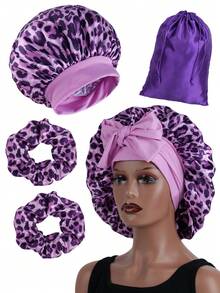5Pcs Set Large Satin Bonnets With Scrunchies For Women, Elastic Wide Brimmed Leopard Hair Bonnet Long Elastic Tie Bonnet For Sleeping Braids Curly Hair 1PC Satin Bags 2pcs 2 PCs Scrunchies Hair Care Set Night Sleeping Travel Storage Bag Pink Brown Hot Pink Gift For Women