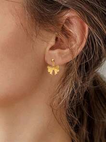 一对不锈钢防水不褪色简约可爱小蝴蝶结耳环，适合女性日常佩戴 - 金色 - 查看 2