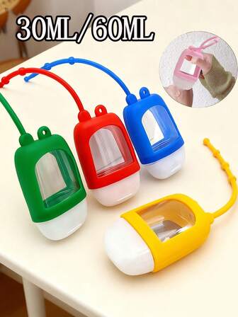 Botella de plástico transparente para viajes con tapa de silicona, botella portátil para desinfectante de manos con llavero que se puede rellenar, a prueba de fugas, envase vacío de 30ml/60ml con tapa abatible (color aleatorio), regalos para mujeres y hombres