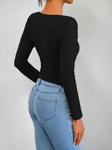 Sexy V-Neck Fitted Long Sleeve Undershirt, New Y2K Style For Women, Autumn/Winter - Black - View 3