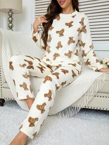 2pcs Women's Winter Pajama Set, Flannel Warm Fluffy Pajamas With Cute Bear Pattern, Minimalist & Fashionable Sleepwear, Fall Clothes