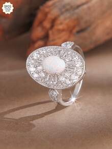 1pc 925 Sterling Silver Ring With 1pc 6*8mm 1ct White Opal Stone And Multiple Moissanite Accents, Luxury Round Plate Design, Elegant Vintage Style Women's Jewelry, Ideal Gift For Birthday, Valentine's Day, Christmas, Anniversary, Wedding, Engagement